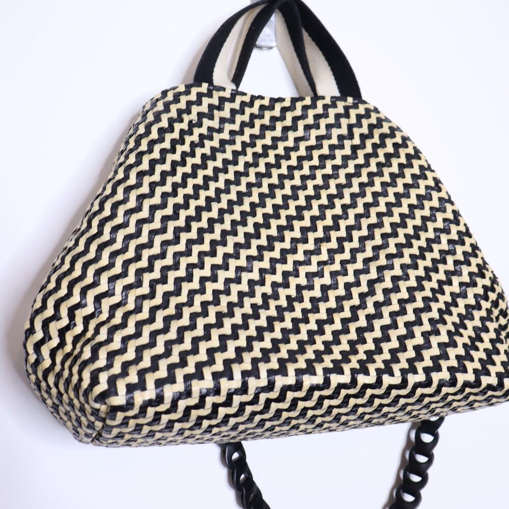 CLARE V. Bateau Leather Convertable Tote Bag Black and Cream Woven Zig Zag - Picture 3 of 9